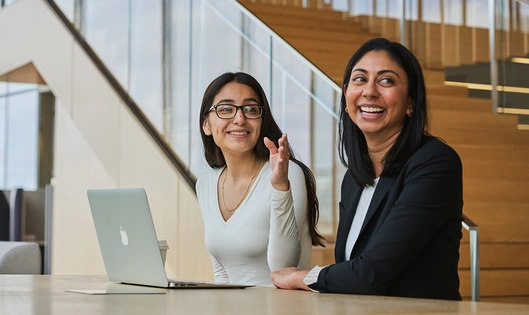 Two smiling business women meeting and working on a laptop